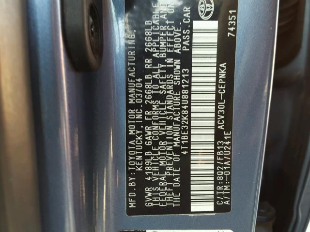 4T1BE32K84U881213 - 2004 TOYOTA CAMRY LE BLUE photo 10