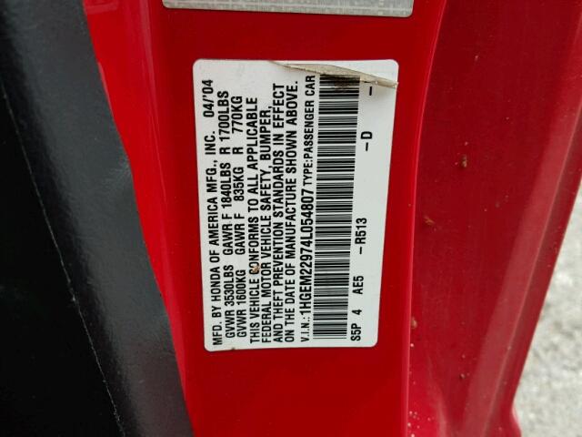 1HGEM22974L054807 - 2004 HONDA CIVIC EX წითელი ფოტო 10