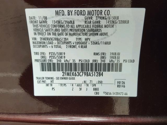 2FMEK63C79BA51284 - 2009 FORD FLEX LIMIT BURGUNDY photo 10