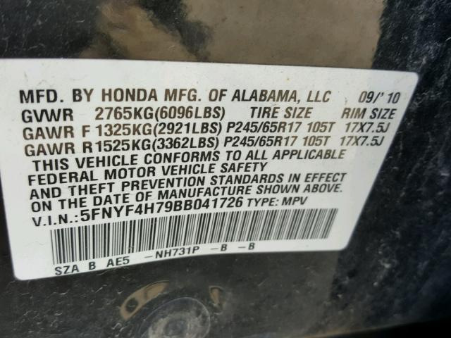 5FNYF4H79BB041726 - 2011 HONDA PILOT EXLN BLACK photo 10