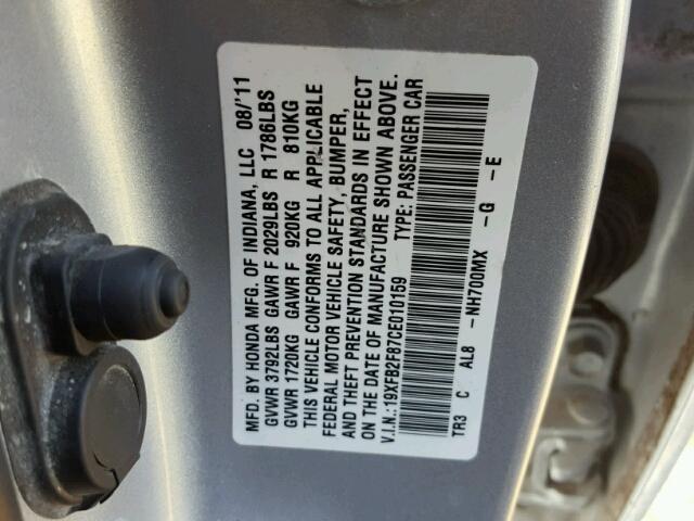 19XFB2F87CE010159 - 2012 HONDA CIVIC EX GRAY photo 10