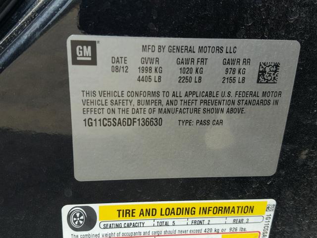 1G11C5SA6DF136630 - 2013 CHEVROLET MALIBU 1LT BLACK photo 10