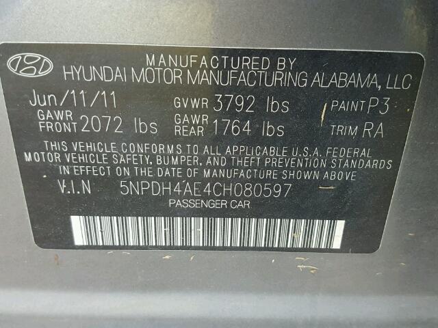 5NPDH4AE4CH080597 - 2012 HYUNDAI ELANTRA GRAY photo 10