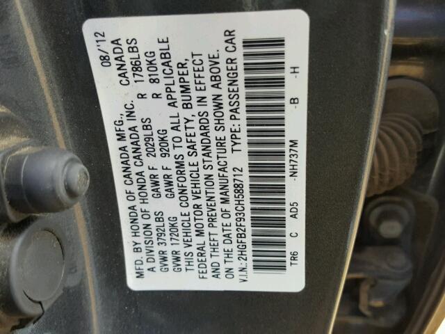 2HGFB2F93CH588712 - 2012 HONDA CIVIC EXL GRAY photo 10