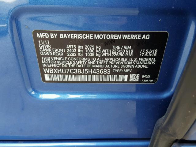 WBXHU7C38J5H43683 - 2018 BMW X1 SDRIVE2 BLUE photo 10