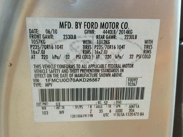 1FMCU0D70AKD26567 - 2010 FORD ESCAPE SILVER photo 10