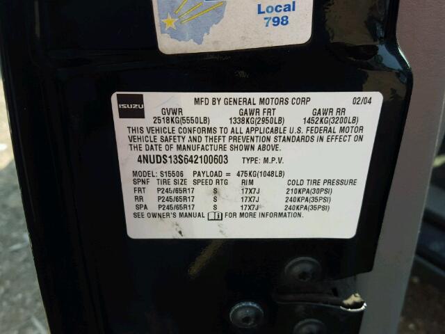 4NUDS13S642100603 - 2004 ISUZU ASCENDER S 黑色 照片 10