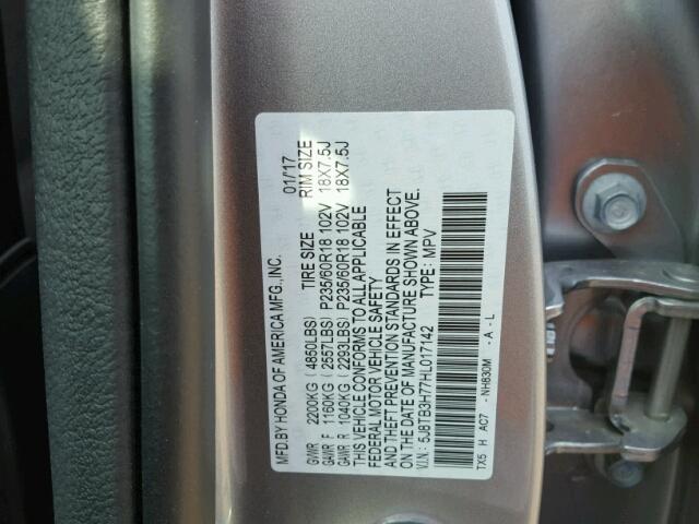 5J8TB3H77HL017142 - 2017 ACURA RDX ADVANC SILVER photo 10