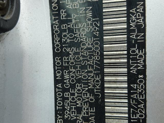 JTKDE177850014921 - 2005 TOYOTA SCION TC 银色 照片 10