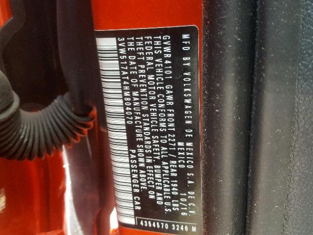 3VW517AT4HM804070 - 2017 VOLKSWAGEN BEETLE S/S 橙色 照片 10