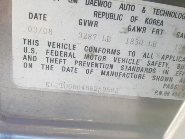 KL1TD66648B259503 - 2008 CHEVROLET AVEO BASE Gris photo 10