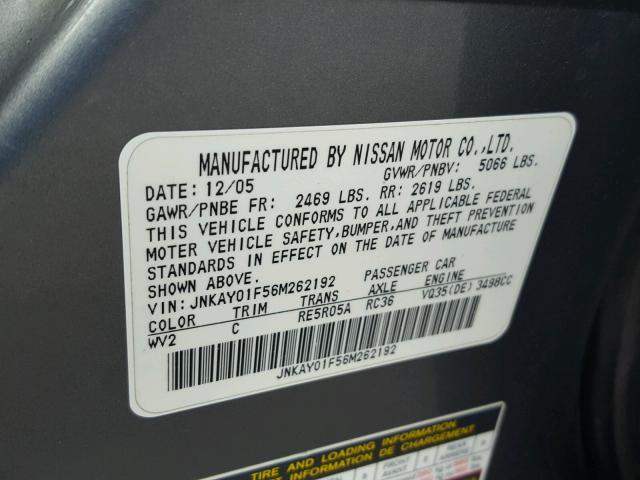 JNKAY01F56M262192 - 2006 INFINITI M35 BASE GRAY photo 10