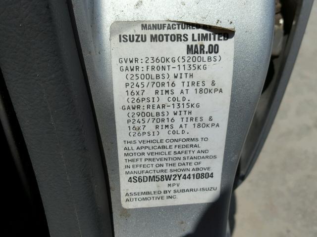 4S6DM58W2Y4410804 - 2000 HONDA PASSPORT E SILVER photo 10