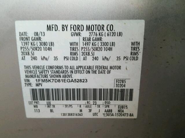 1FM5K7D81EGA52823 - 2014 FORD EXPLORER X SILVER photo 10