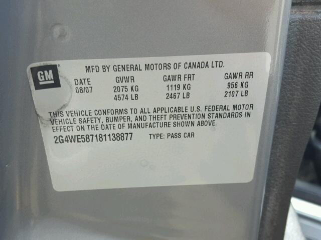 2G4WE587181138877 - 2008 BUICK LACROSSE C GRAY photo 10