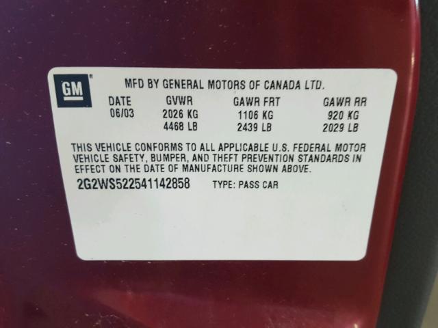 2G2WS522541142858 - 2004 PONTIAC GRAND PRIX Темно-червоний фото 10