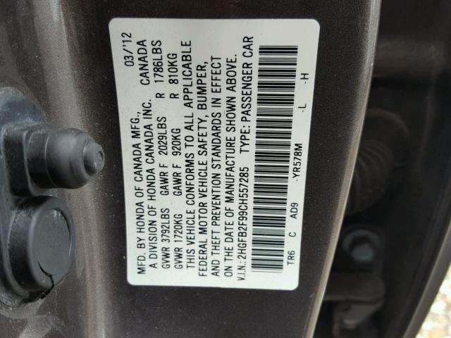 2HGFB2F99CH557285 - 2012 HONDA CIVIC EXL ყავისფერი ფოტო 10