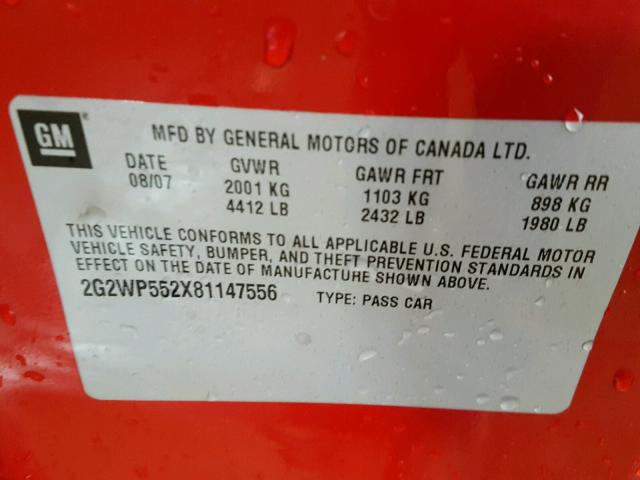 2G2WP552X81147556 - 2008 PONTIAC GRAND PRIX RED photo 10