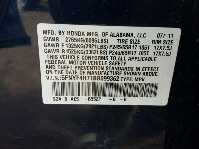 5FNYF4H71BB099362 - 2011 HONDA PILOT EXLN BLUE photo 10