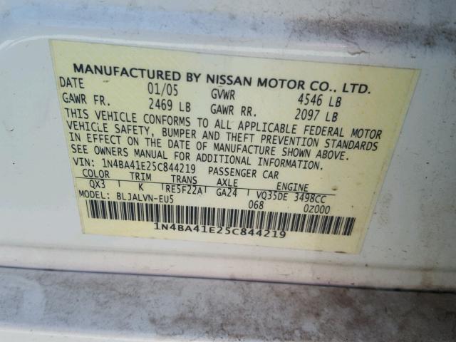 1N4BA41E25C844219 - 2005 NISSAN MAXIMA SE WHITE photo 10