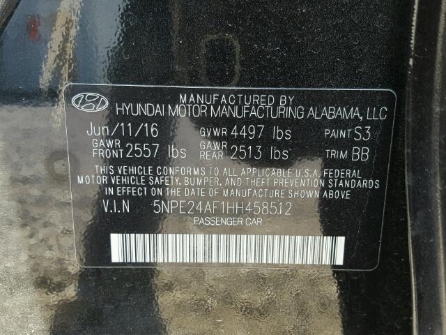 5NPE24AF1HH458512 - 2017 HYUNDAI SONATA SE BLACK photo 10