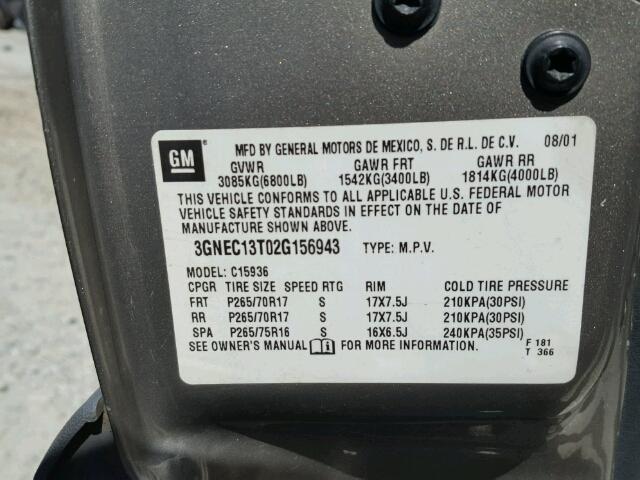 3GNEC13T02G156943 - 2002 CHEVROLET AVALANCHE 棕色 照片 10