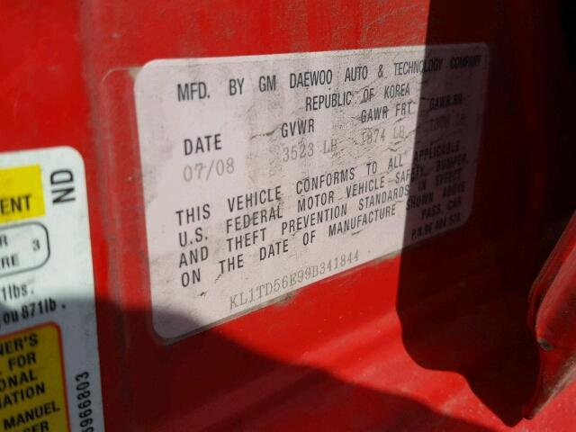 KL1TD56E99B341844 - 2009 CHEVROLET AVEO LS RED photo 10