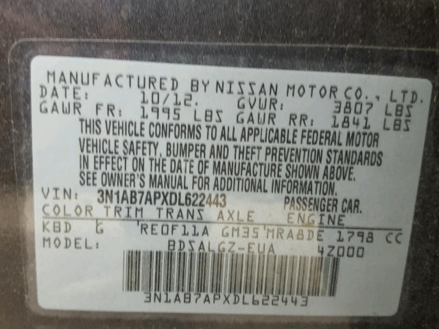 3N1AB7APXDL622443 - 2013 NISSAN SENTRA GRAY photo 10