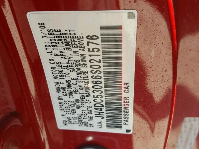 JH4DC53066S021576 - 2006 ACURA RSX TYPE-S RED photo 10