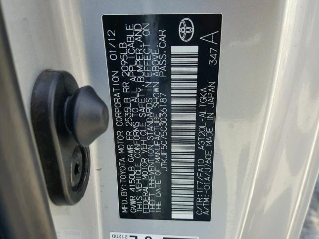 JTKJF5C75C3036187 - 2012 TOYOTA SCION TC 银色 照片 10