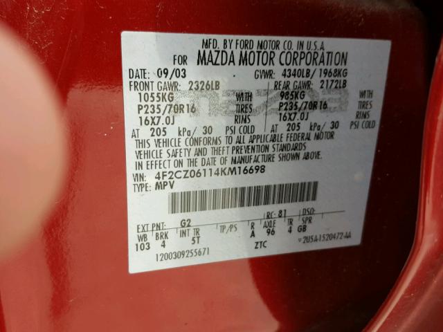 4F2CZ06114KM16698 - 2004 MAZDA TRIBUTE ES 栗色 照片 10