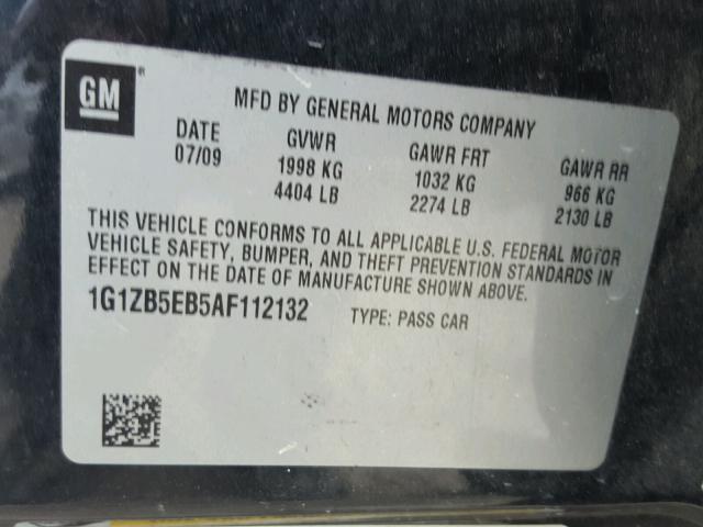 1G1ZB5EB5AF112132 - 2010 CHEVROLET MALIBU LS შავი ფოტო 10