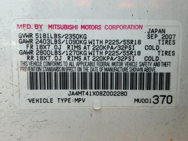 JA4MT41X08Z002280 - 2008 MITSUBISHI OUTLANDER WHITE photo 10