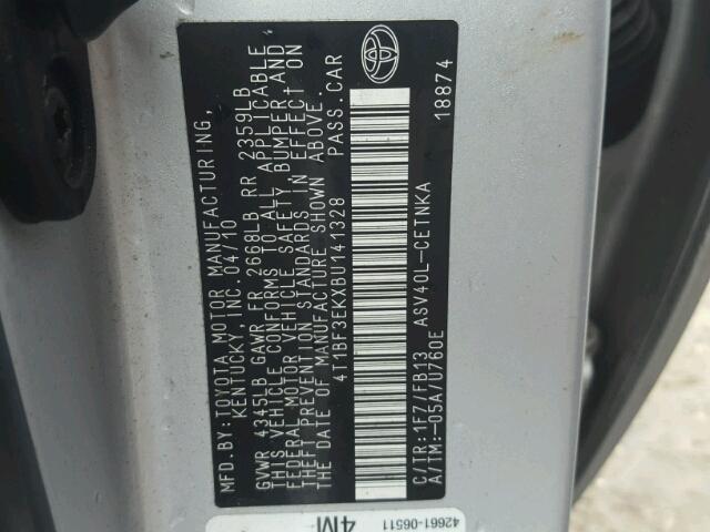 4T1BF3EKXBU141328 - 2011 TOYOTA CAMRY BASE SILVER photo 10