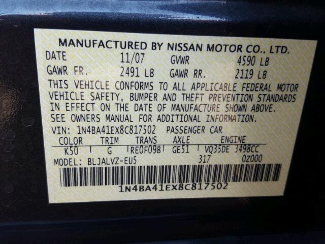 1N4BA41EX8C817502 - 2008 NISSAN MAXIMA SE GRAY photo 10