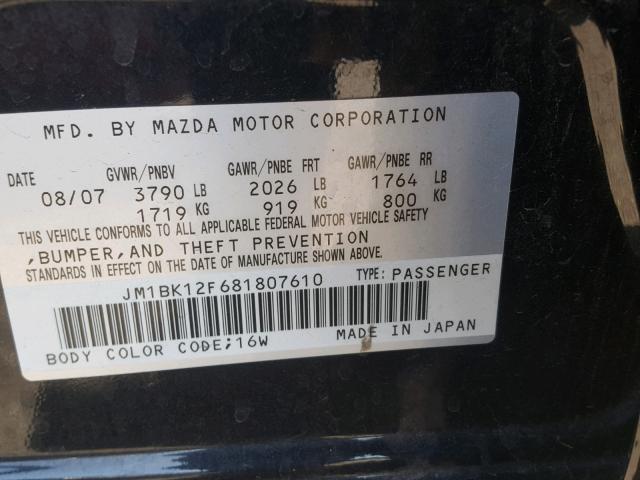 JM1BK12F681807610 - 2008 MAZDA 3 I BLACK photo 10