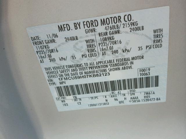 1FMCU59H07KB82123 - 2007 FORD ESCAPE SILVER photo 10