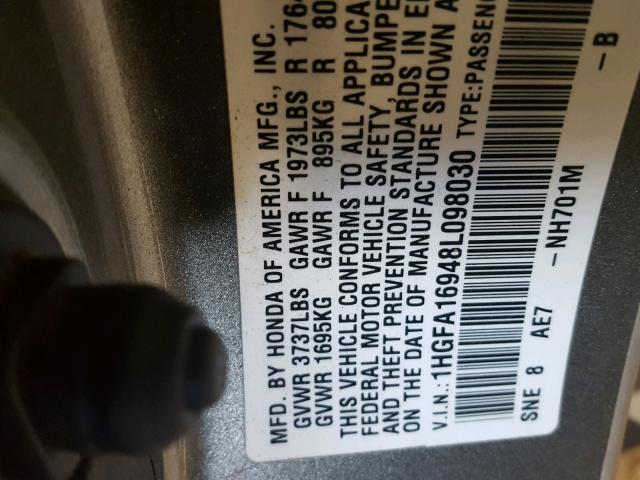 1HGFA16948L098030 - 2008 HONDA CIVIC EXL SILVER photo 10