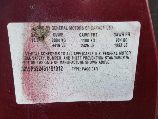 2G2WP522451191312 - 2005 PONTIAC GRAND PRIX Бордовий фото 10
