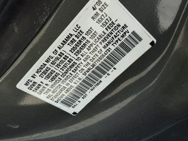 5FNRL38778B064731 - 2008 HONDA ODYSSEY EX GRAY photo 10