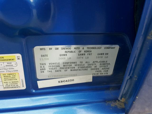 KL1TD66E69B628421 - 2009 CHEVROLET AVEO LS BLUE photo 10