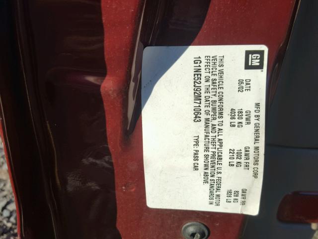 1G1NE52J92M710643 - 2002 CHEVROLET MALIBU LS BURGUNDY photo 10