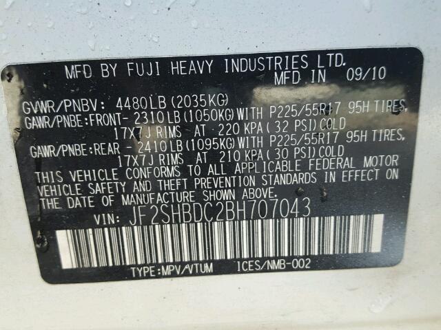 JF2SHBDC2BH707043 - 2011 SUBARU FORESTER WHITE photo 10