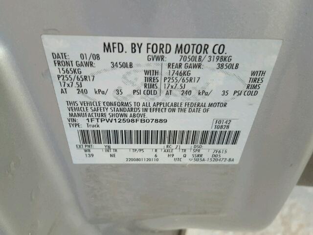 1FTPW12598FB07889 - 2008 FORD F150 SUPER WHITE photo 10