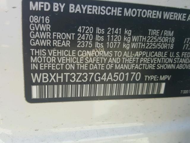 WBXHT3Z37G4A50170 - 2016 BMW X1 XDRIVE2 WHITE photo 10