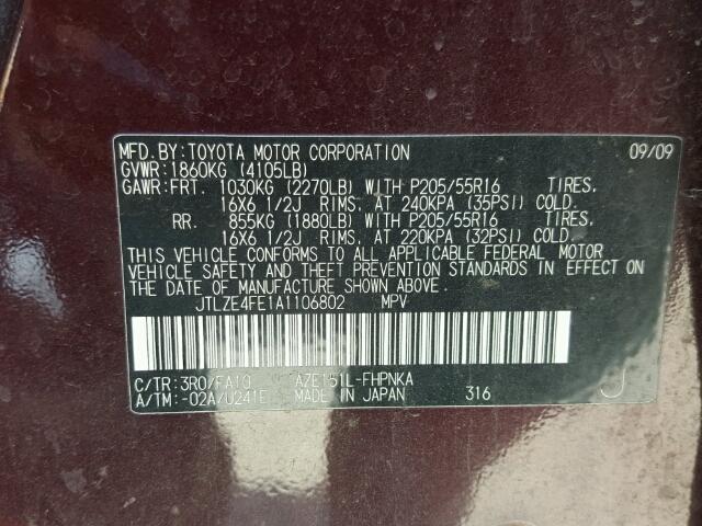 JTLZE4FE1A1106802 - 2010 TOYOTA SCION XB Granate foto 10