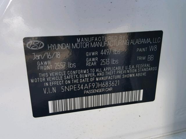 5NPE34AF9JH683621 - 2018 HYUNDAI SONATA SPO WHITE photo 10