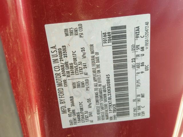 1FTRX18L3XKB08845 - 1999 FORD F150 RED photo 10