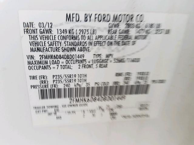 2FMHK6D84DBD01449 - 2013 FORD FLEX LIMIT WHITE photo 10