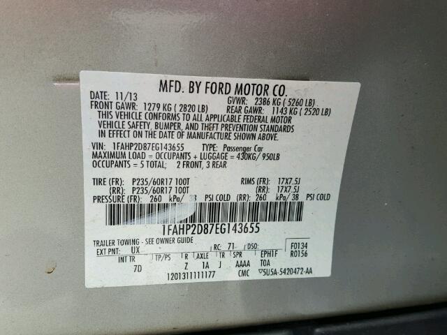 1FAHP2D87EG143655 - 2014 FORD TAURUS SE SILVER photo 10